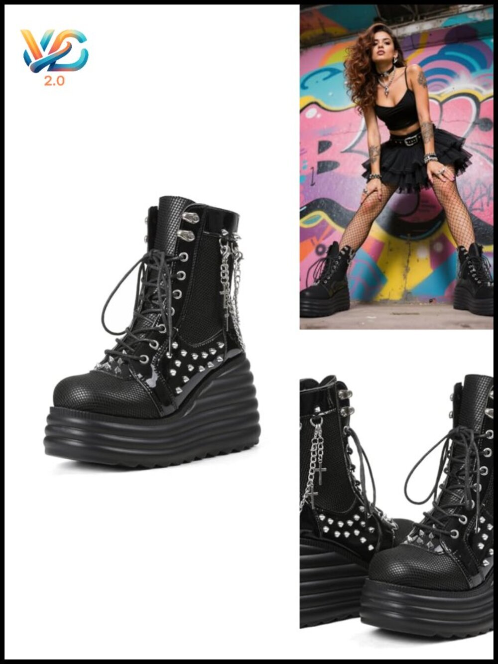 Women's Gothic Ankle Boots Platform Combat Boots with Punk Chains & Studs Lace